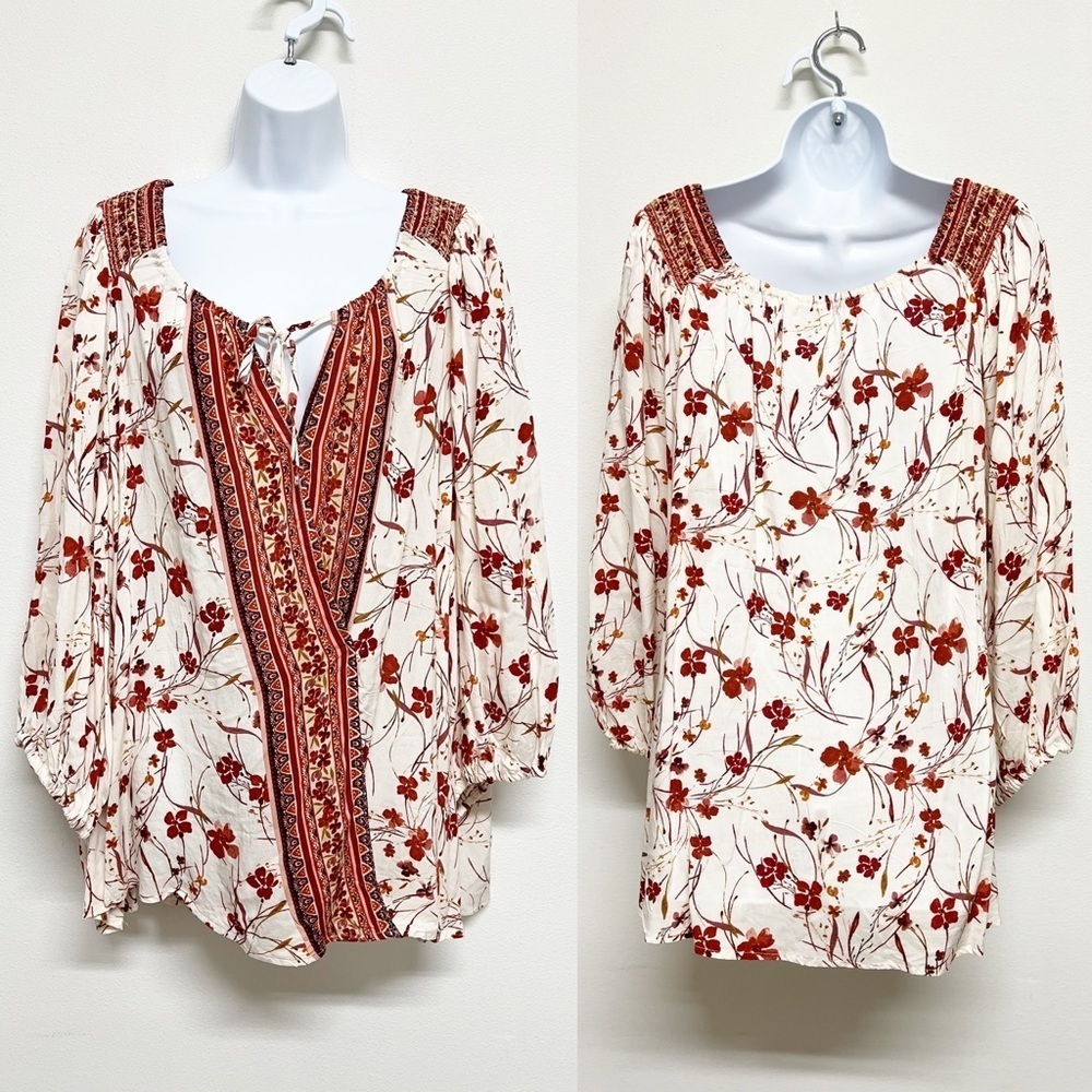 Cato Womens Plus Red Cream Floral Bohemian Long Sleeve Draped Blouse Size 26/28W